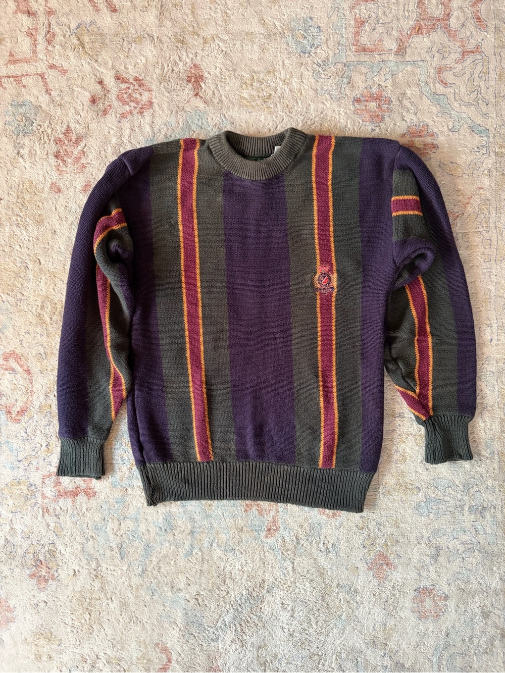 Vintage Men's Navy Blue, Forest Green and Maroon Striped Crewneck Sweater